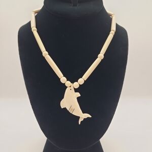 Vintage Carved Bone Dolphin Pendant Necklace Cream Beaded Tribal Style